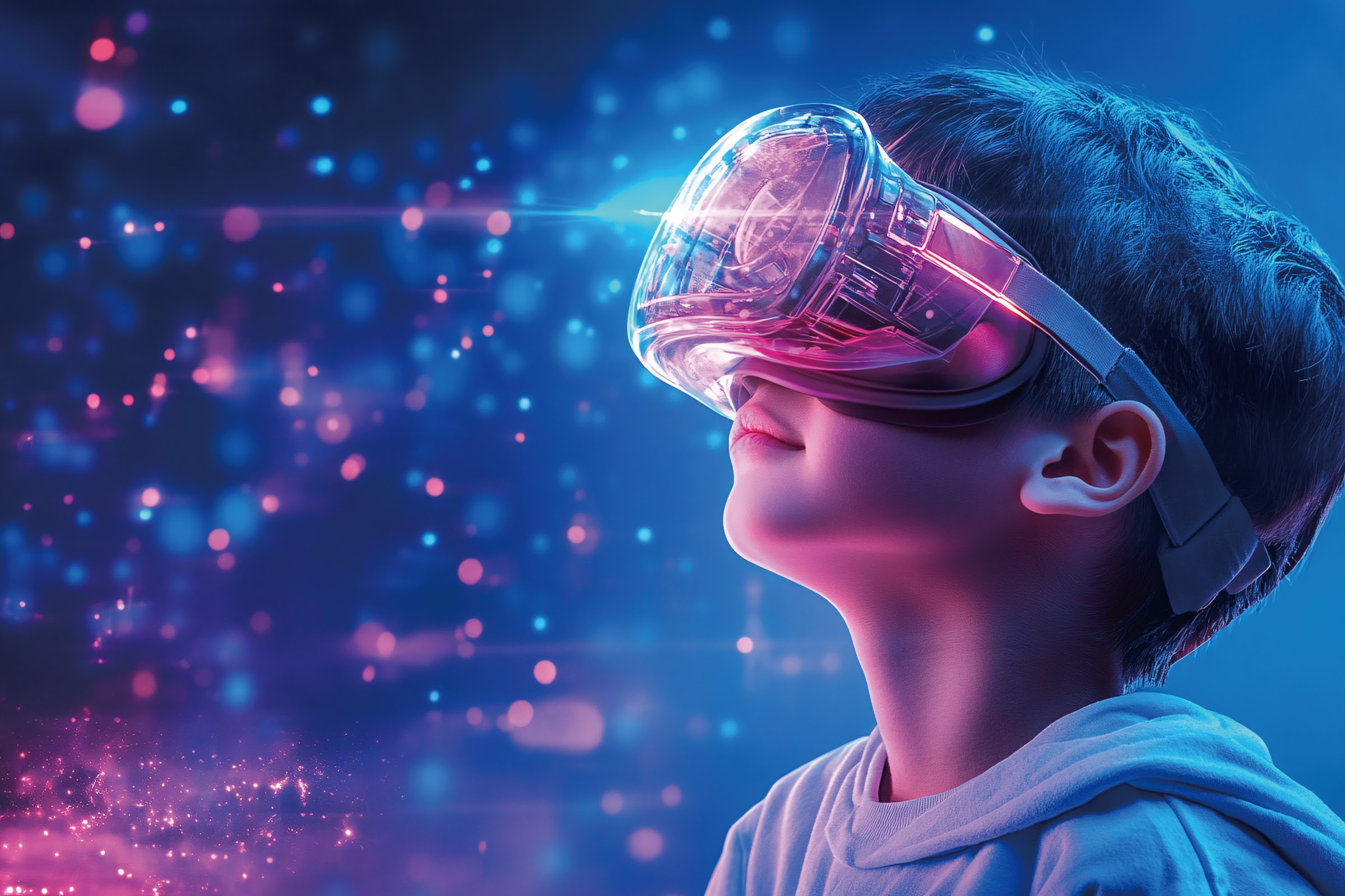 VRゴーグルを着けた男の子が、青と赤紫の光の粒が舞う空間を見上げているイメージ